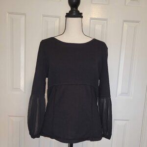 Anne Klein Black Ribbed Knit Blouse with Sheer Sleeves Size L